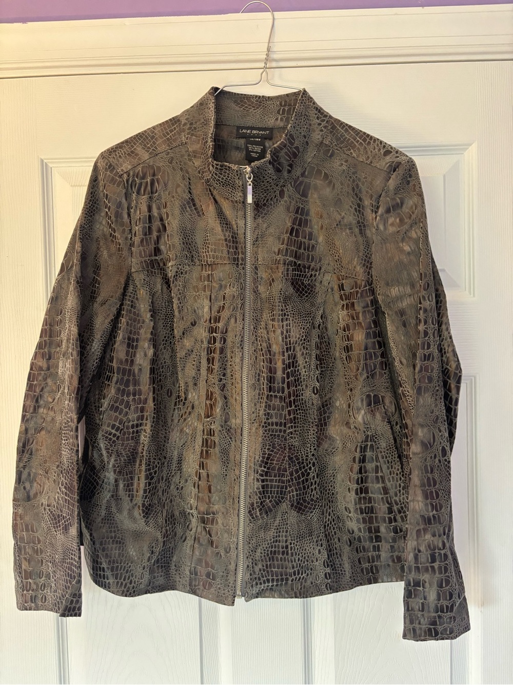 Lane Bryant Brown Croc-Embossed Faux-Leather Zip Jacket